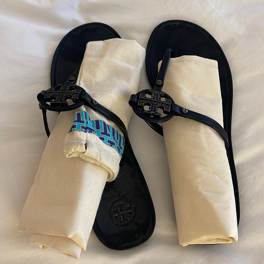 Tory Burch rubber black summer thong sandals + black reinstone details